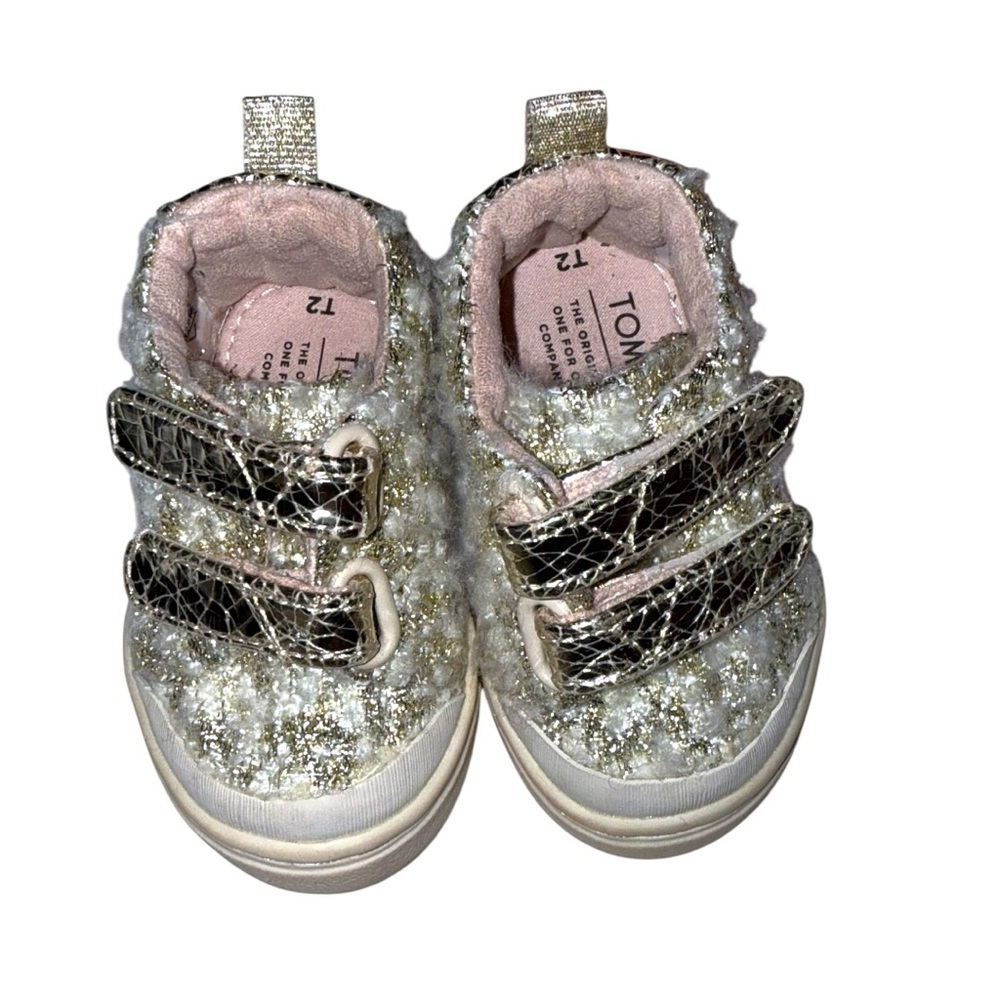 TOMS Girls Gold Tweed Glitter Velcro Sneakers Size T2 Toddler Sparkle Shoes - Picture 3 of 11